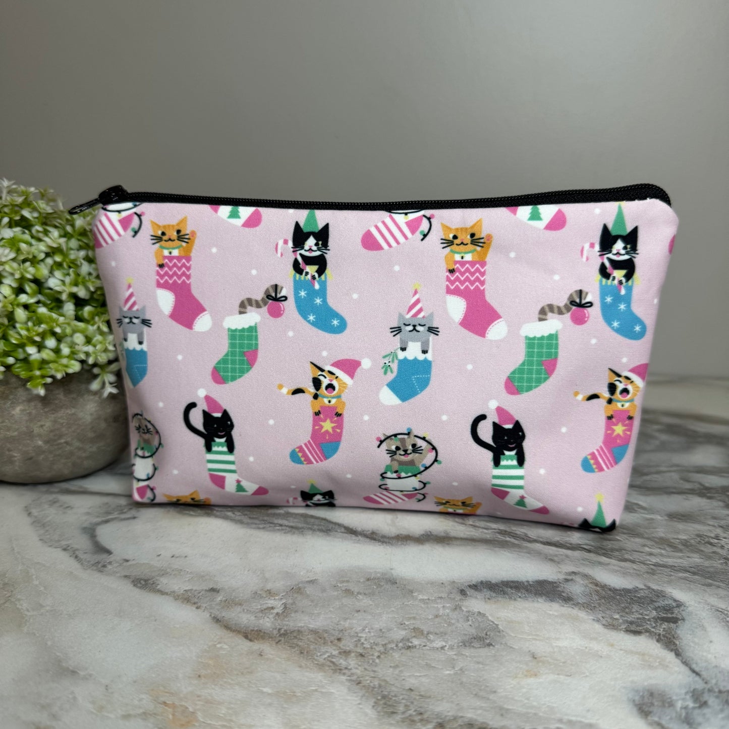 Pouch - Holiday Christmas - Cats in Stockings Pink