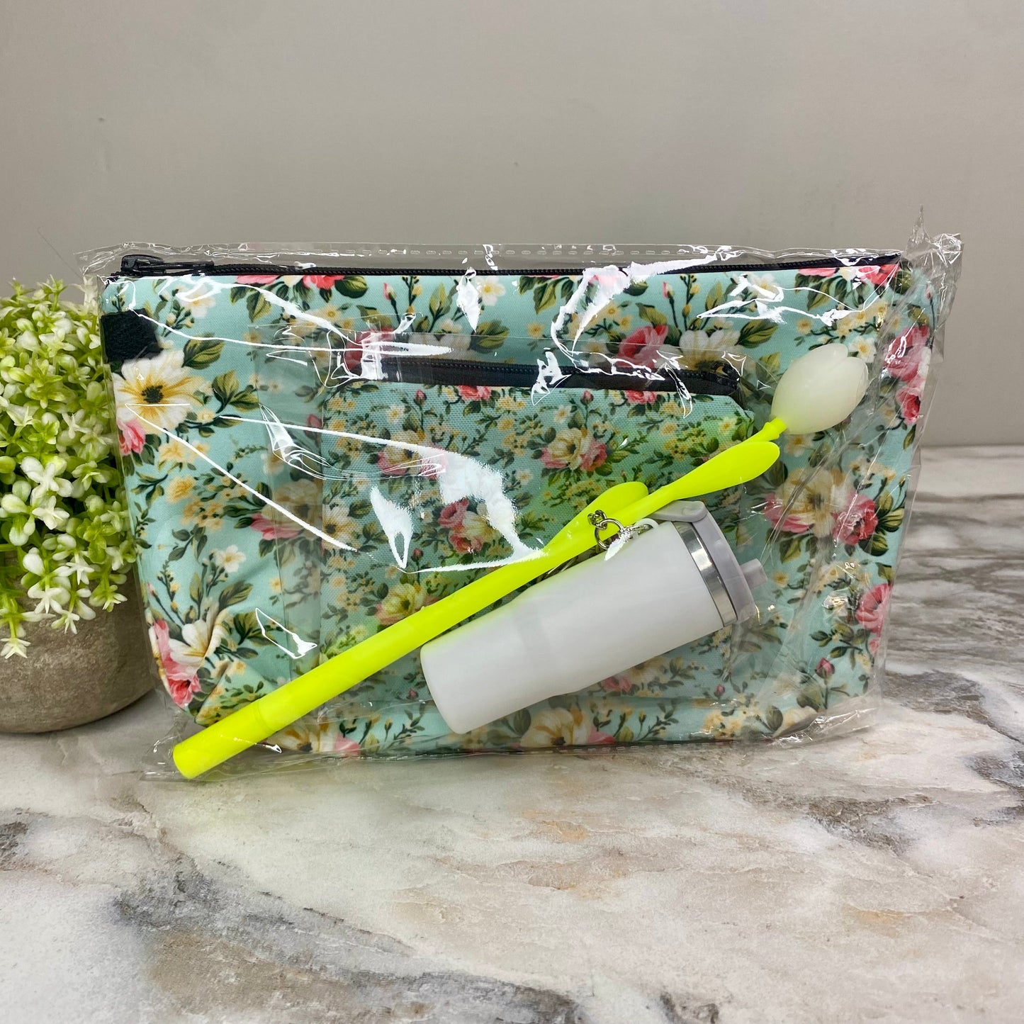 Pouch, Mini Pouch, Pen, & Tumbler Keychain Bundled Set - Floral Pink Yellow on Mint