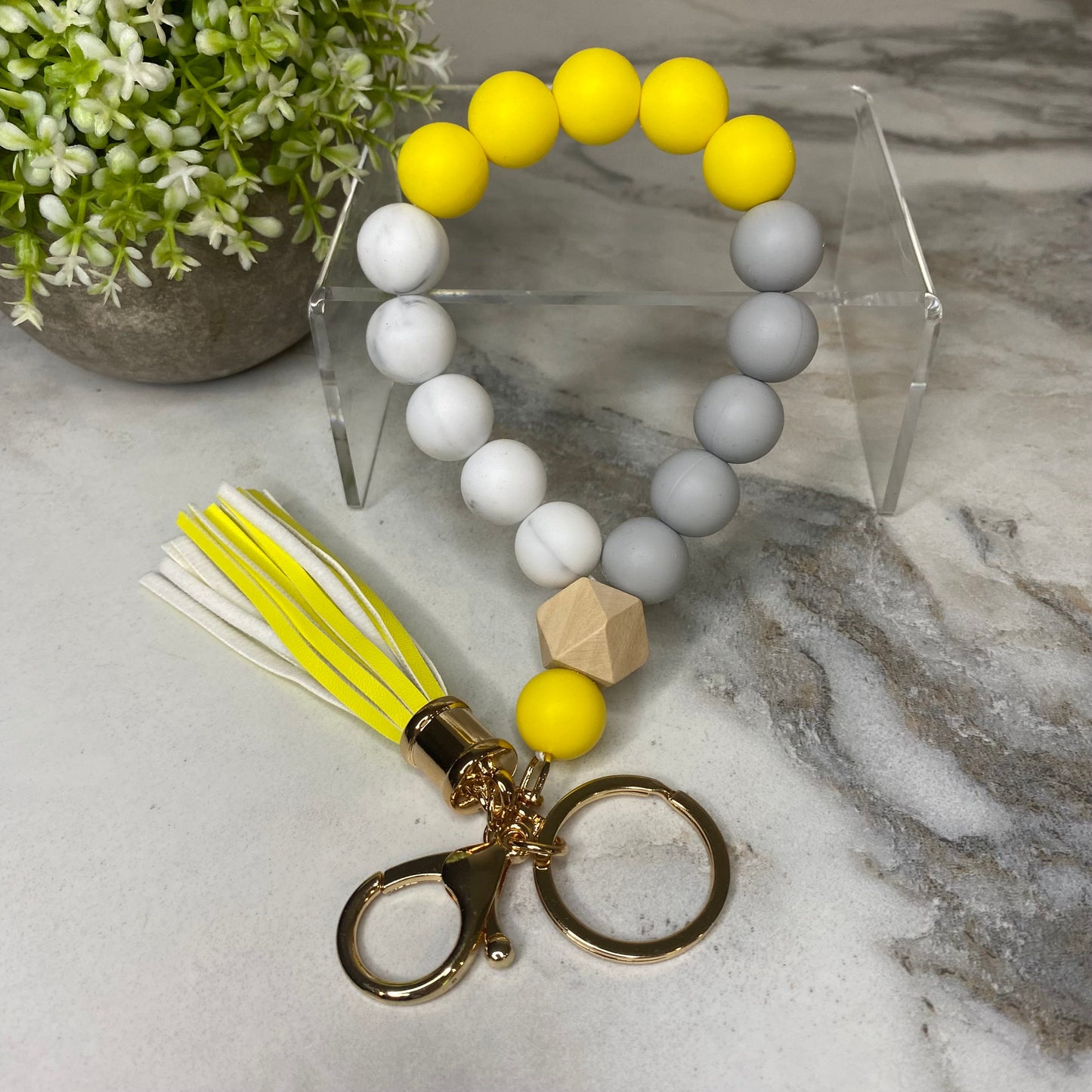 Silicone Bracelet Keychain with Wood Bead & Tassel - Yellow