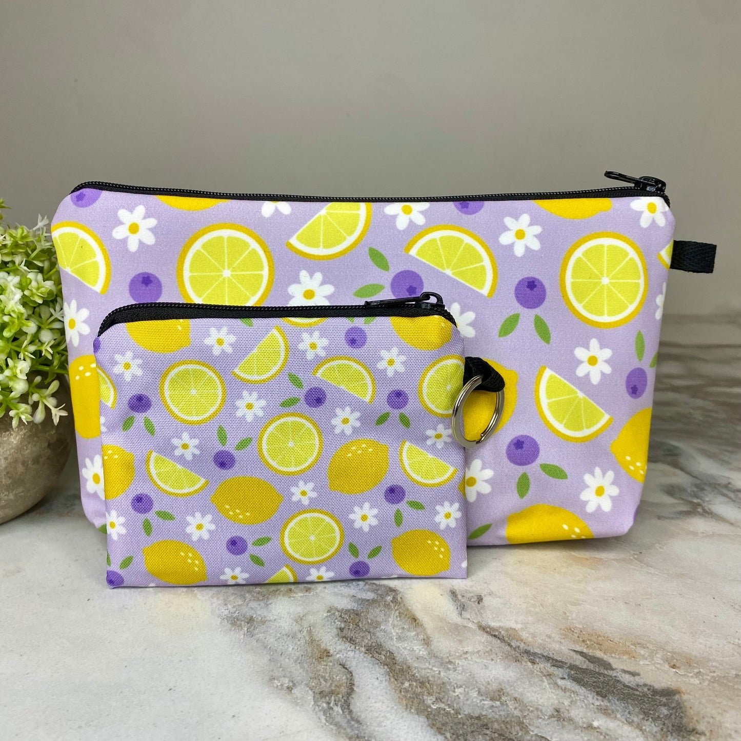 Pouch, Mini Pouch, Lip Balm Tumbler & Silicone Daisy Keychain - Blueberry Lemon