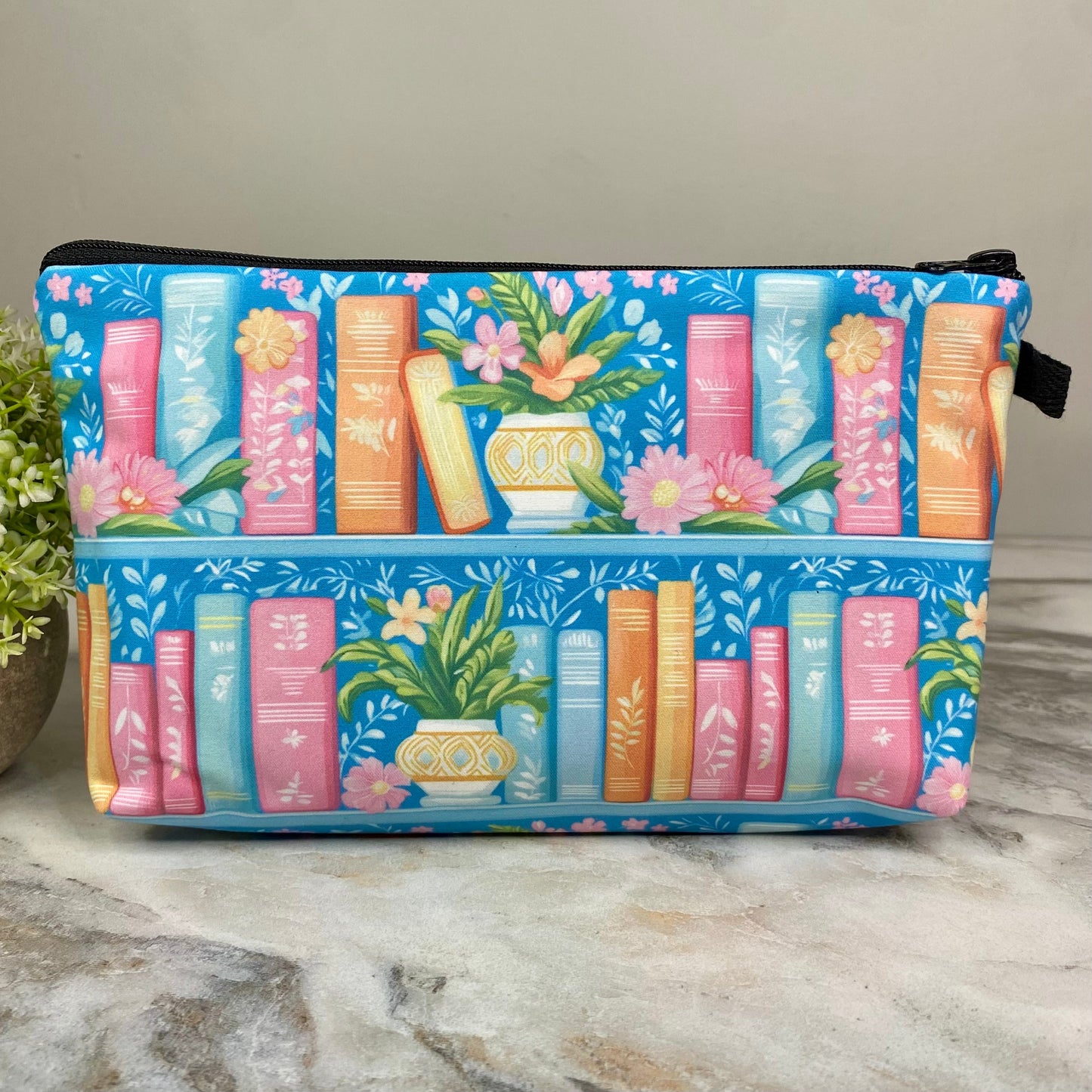 4-Piece Pouch Set - Book Floral Pastels on Blue