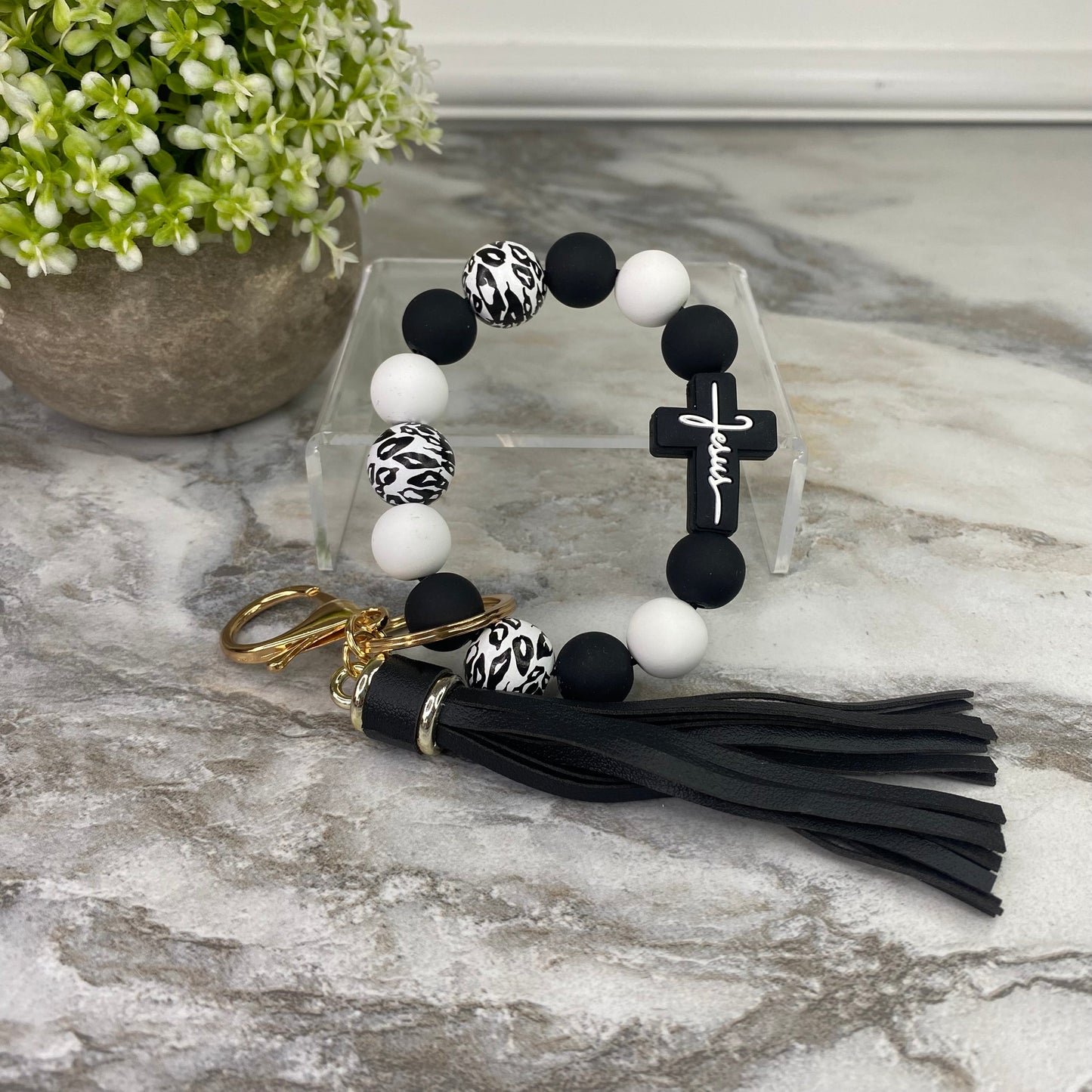 Silicone & Wood Bracelet Keychain - Jesus