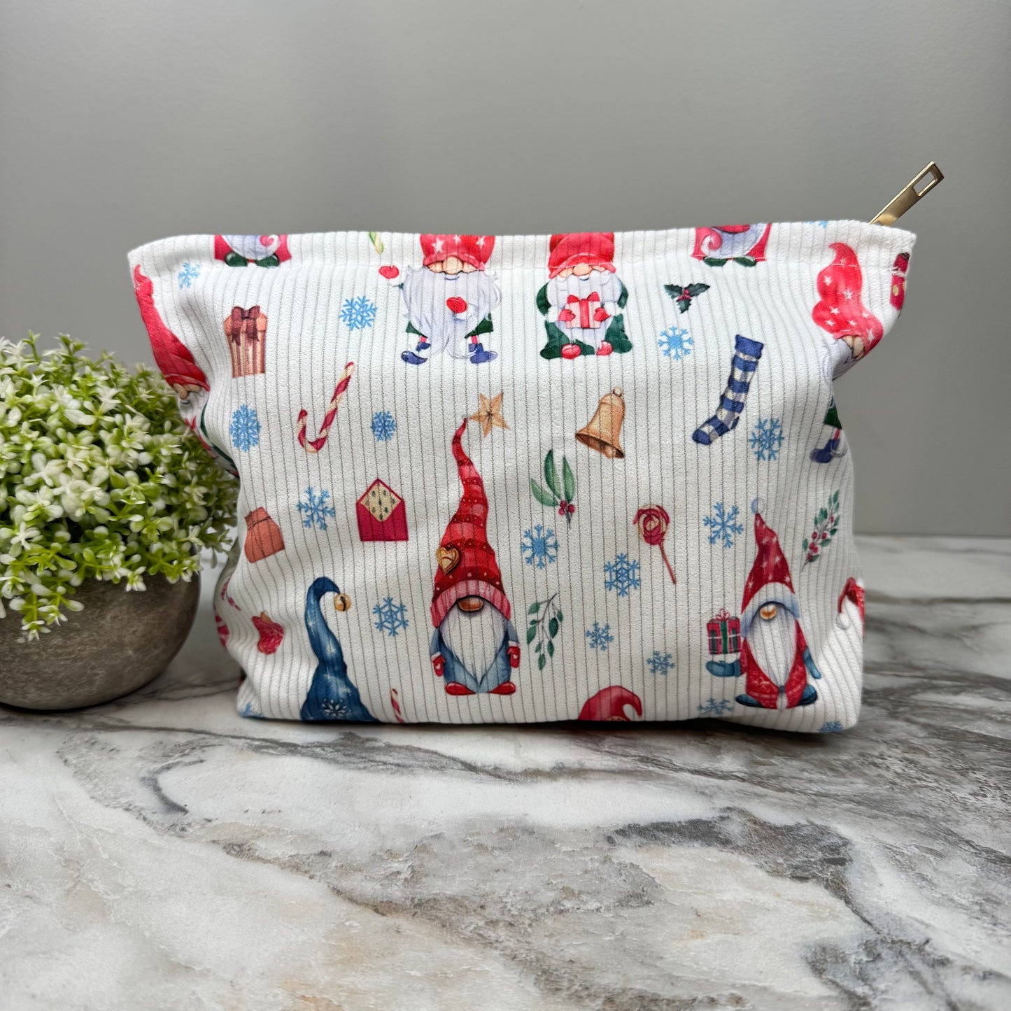 Corduroy Zip Pouch Gift Set - Christmas Gnomes on Ivory