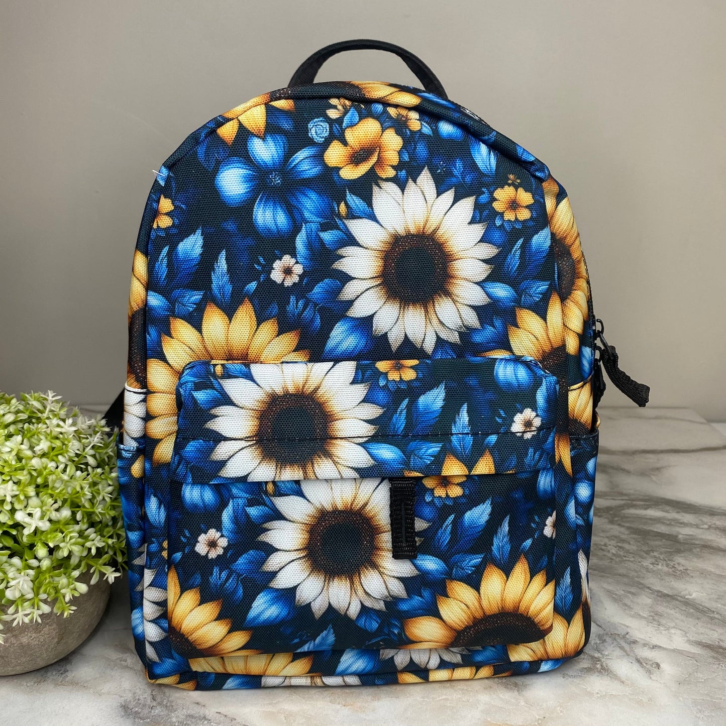 Mini Backpack - Floral, Blue Yellow White Sunflower