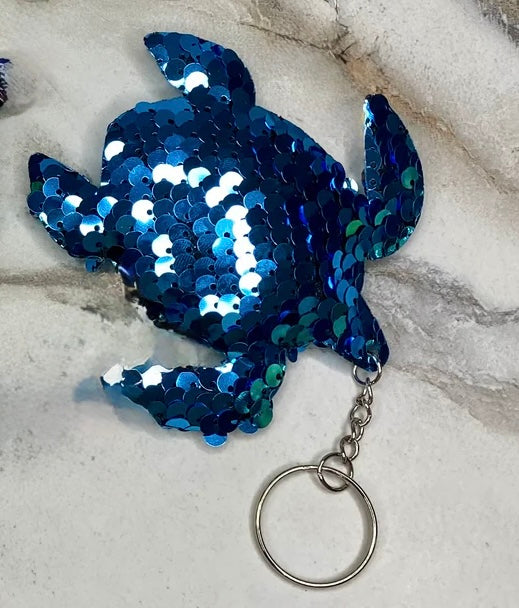 Pouch XL, Scalloped Cardholder Wristlet & Sequined Turtle Keychain Set - Blue Floral
