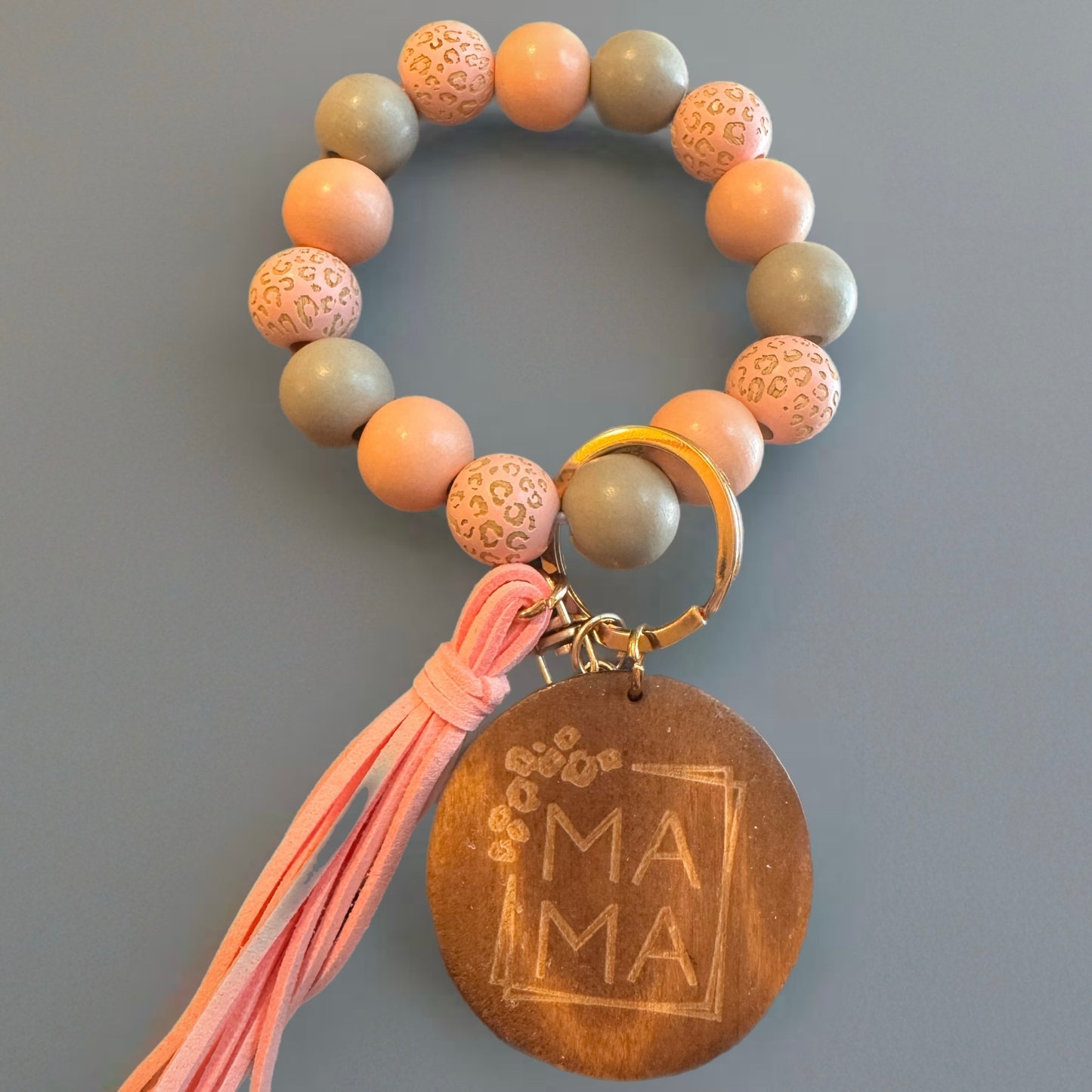Wood Bracelet Keychain - Mama Pink/Gray
