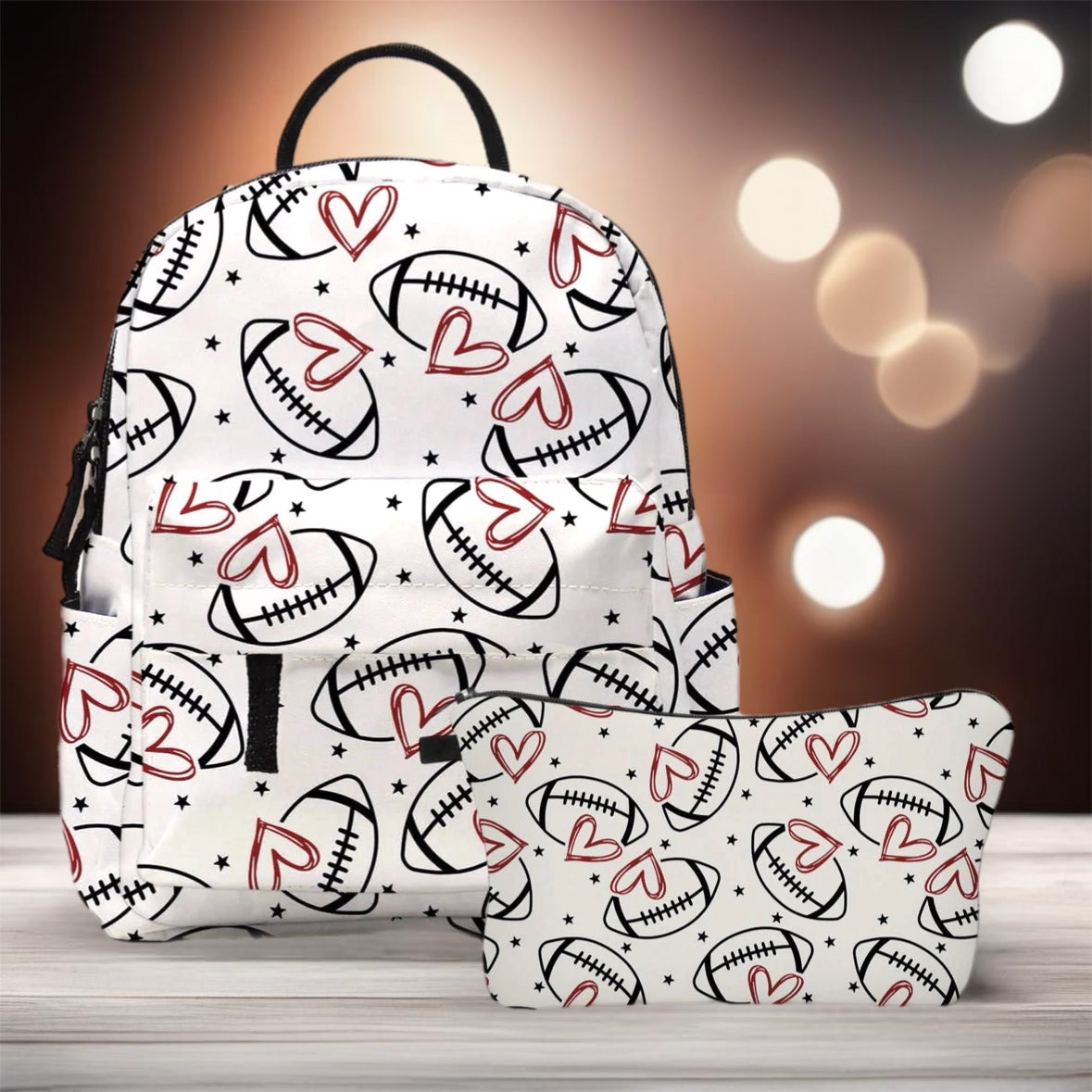 Mini Backpack & Pouch Set - Football Hearts