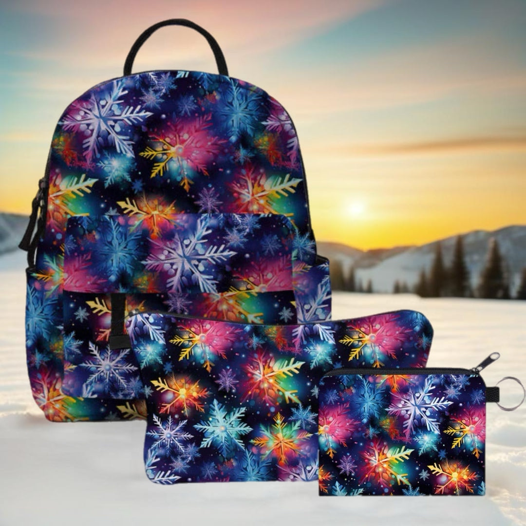 Mini Backpack, Pouch & Coin Purse Set - Holiday 2023 - Bright Rainbow Snowflakes