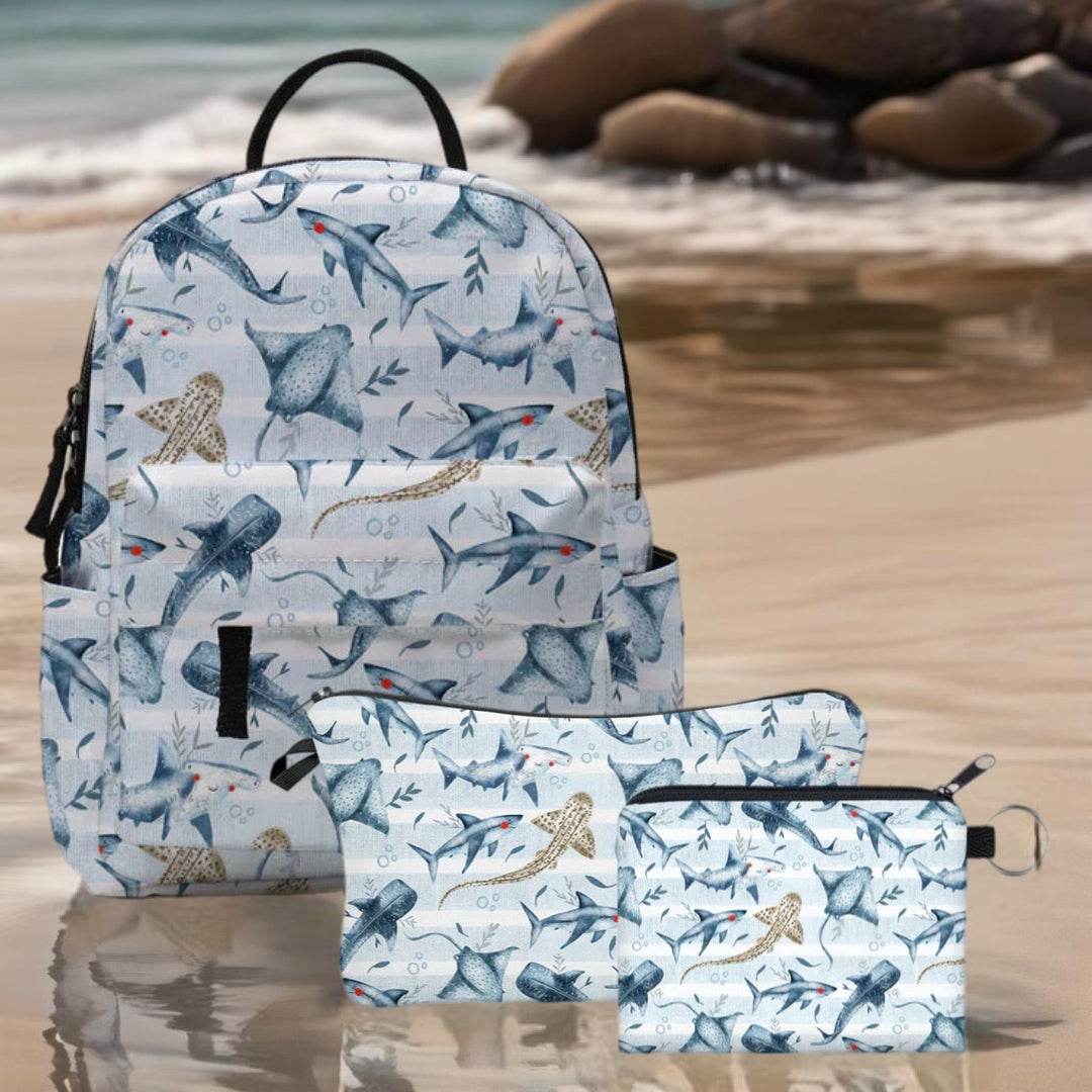 Mini Backpack, Pouch & Coin Purse Set - Ocean Blue Stripe Stingray Shark