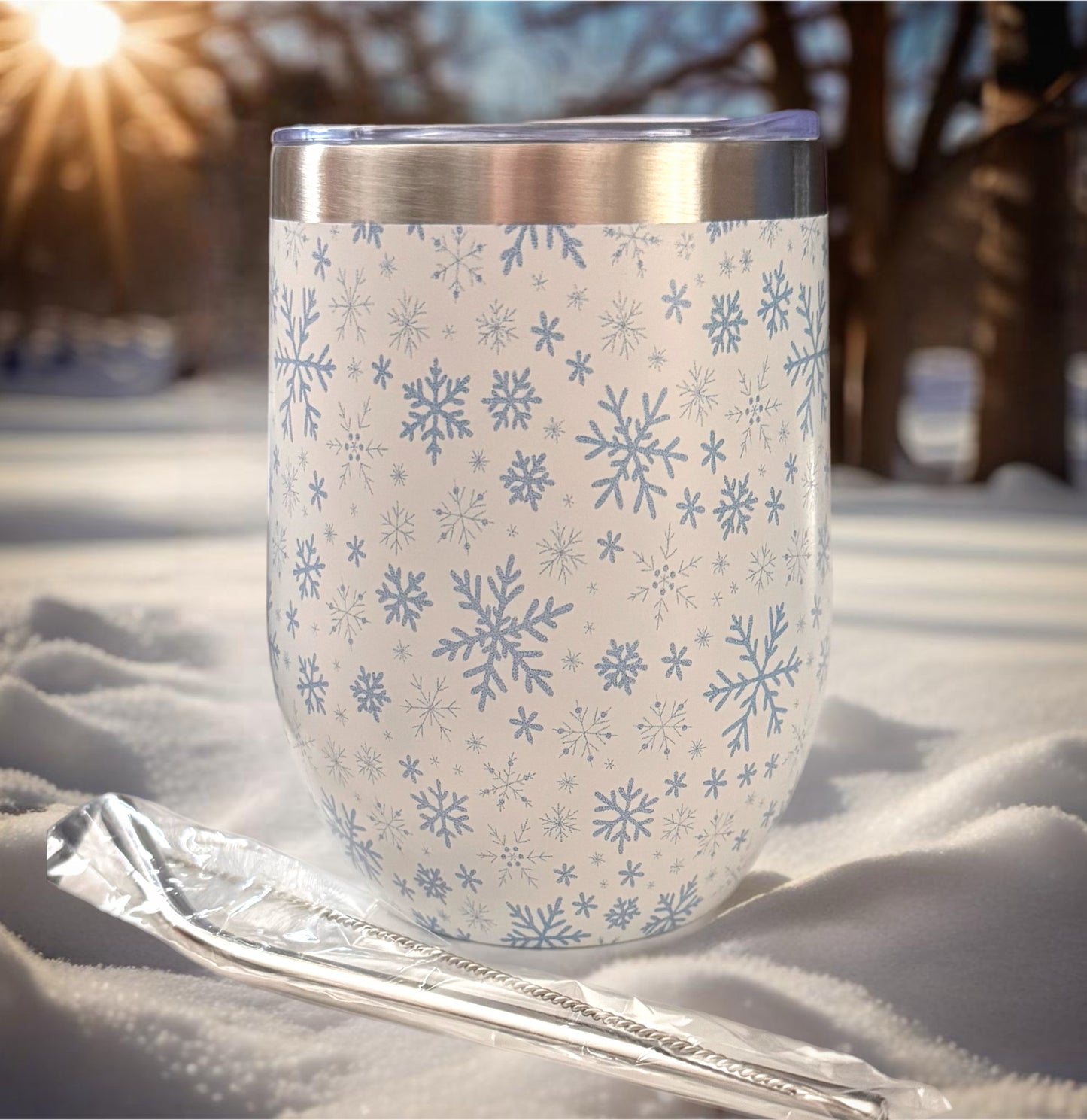 Stemless Tumbler - White w/Blue Snowflakes