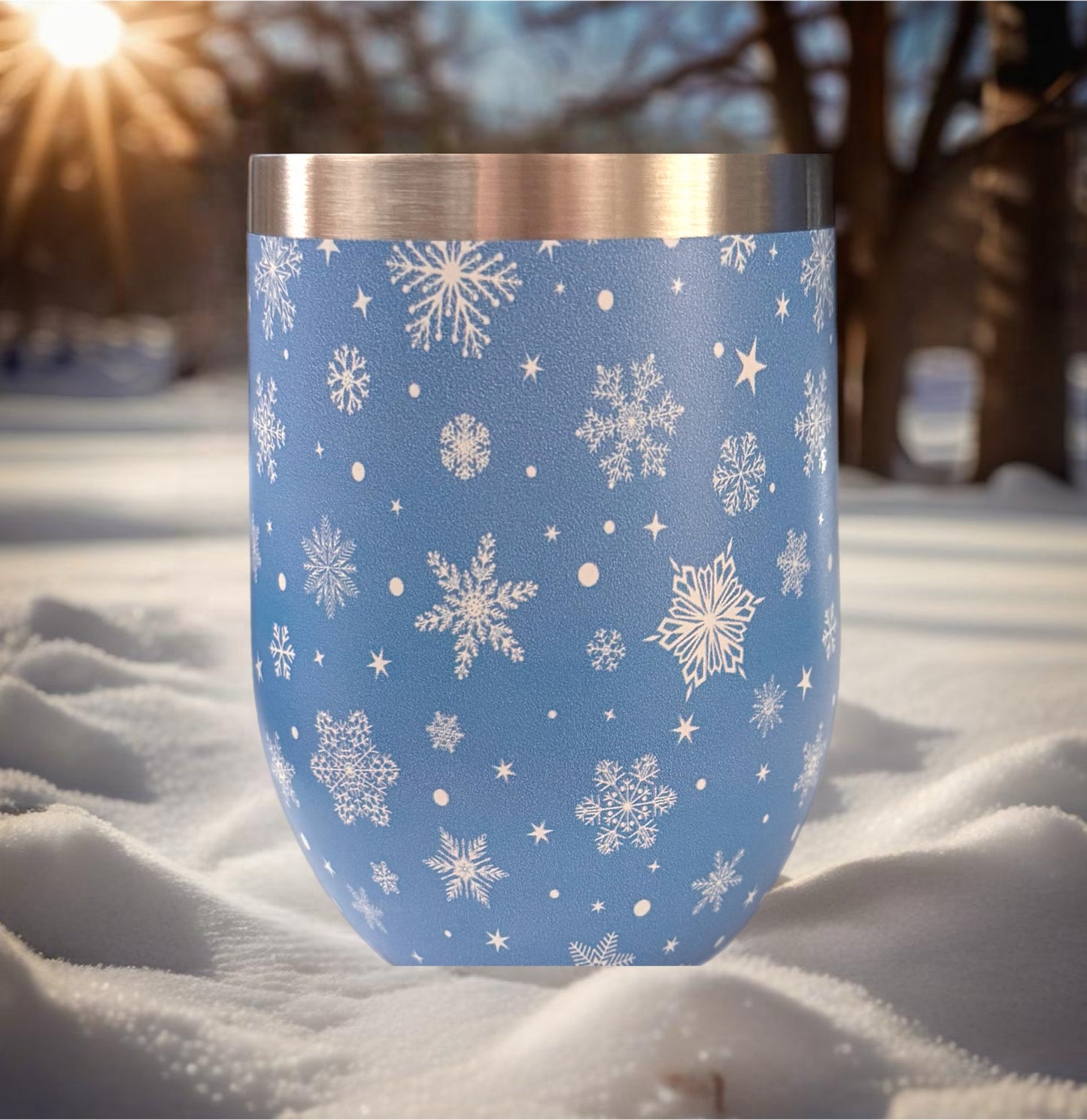 Stemless Tumbler - Blue w/White Snowflakes