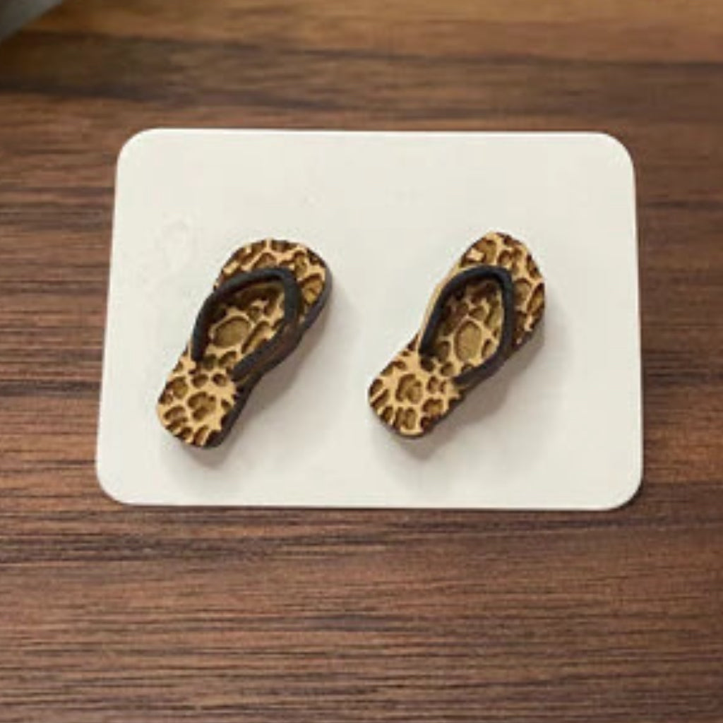 Wooden Stud Earrings - Flip Flops Animal Print