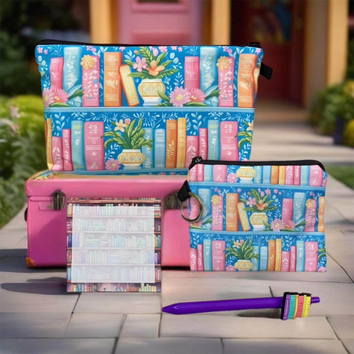 4-Piece Pouch Set - Book Floral Pastels on Blue