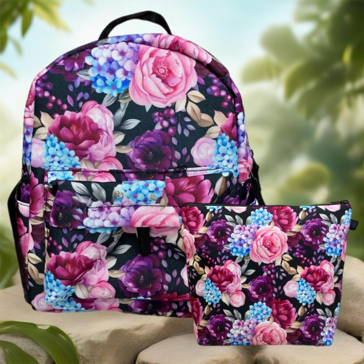 Mini Backpack & XL Pouch Set - Floral Purple Blue Pink