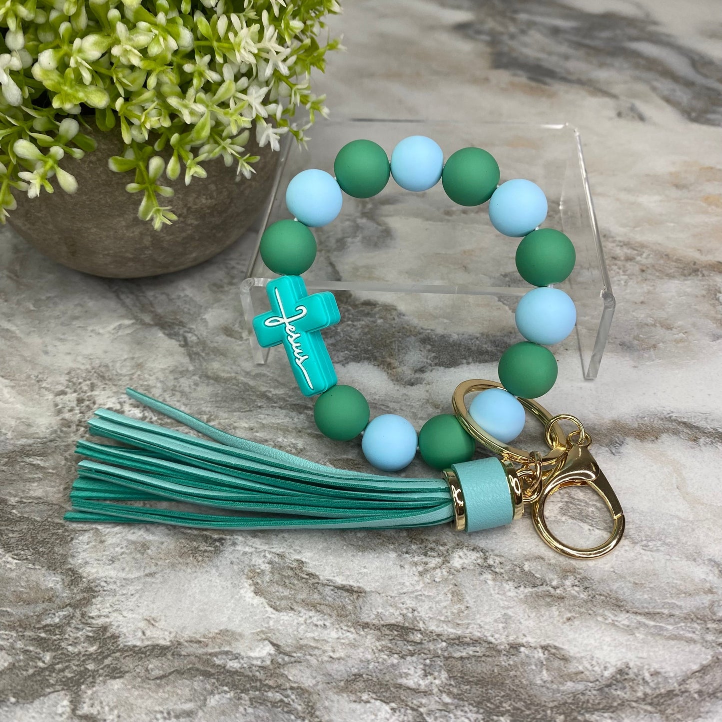 Silicone & Wood Bracelet Keychain - Jesus