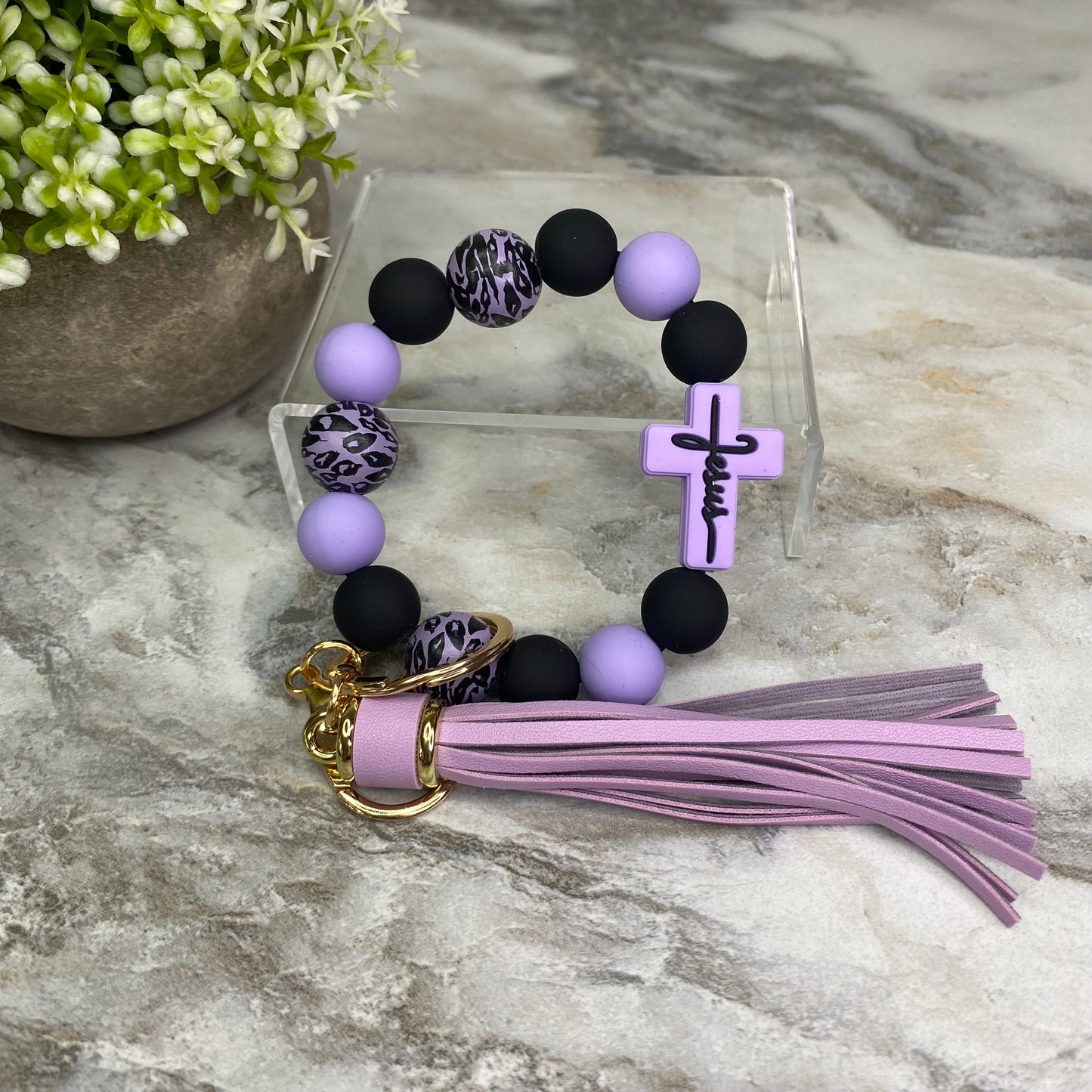 Silicone & Wood Bracelet Keychain - Jesus