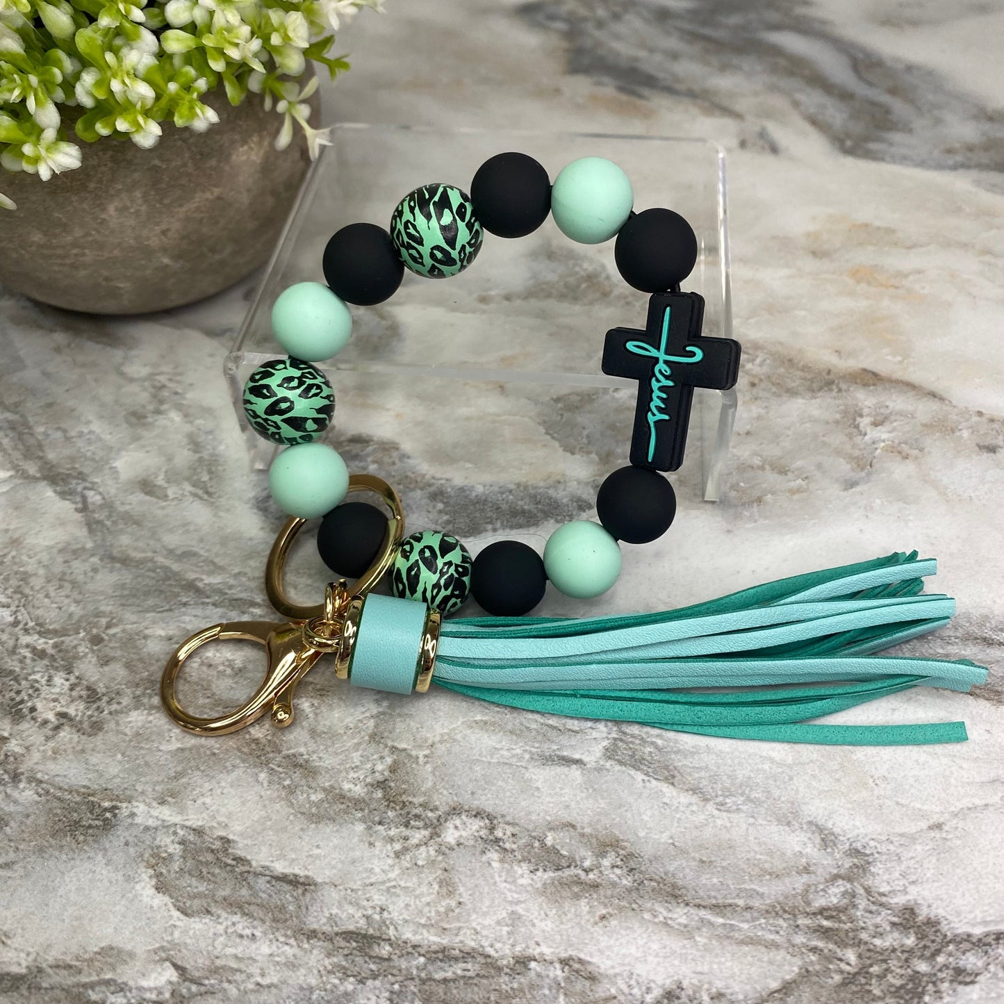 Silicone & Wood Bracelet Keychain - Jesus