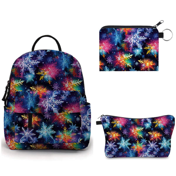 Mini Backpack, Pouch & Coin Purse Set - Holiday 2023 - Bright Rainbow Snowflakes