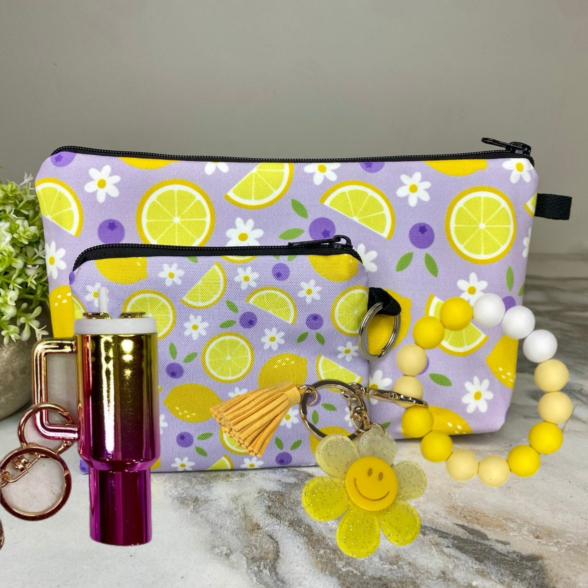 Pouch, Mini Pouch, Lip Balm Tumbler & Silicone Daisy Keychain - Blueberry Lemon