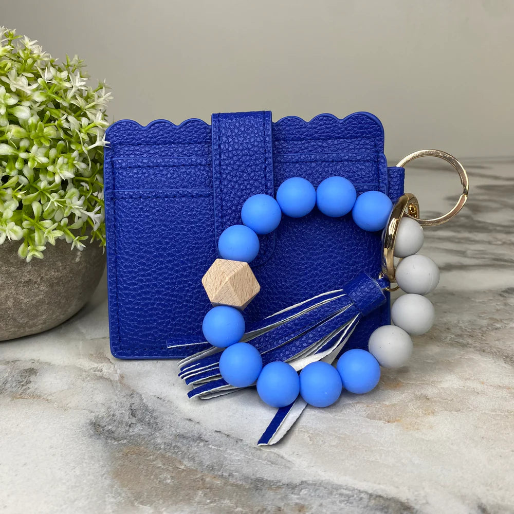 Pouch XL, Scalloped Cardholder Wristlet & Sequined Turtle Keychain Set - Blue Floral
