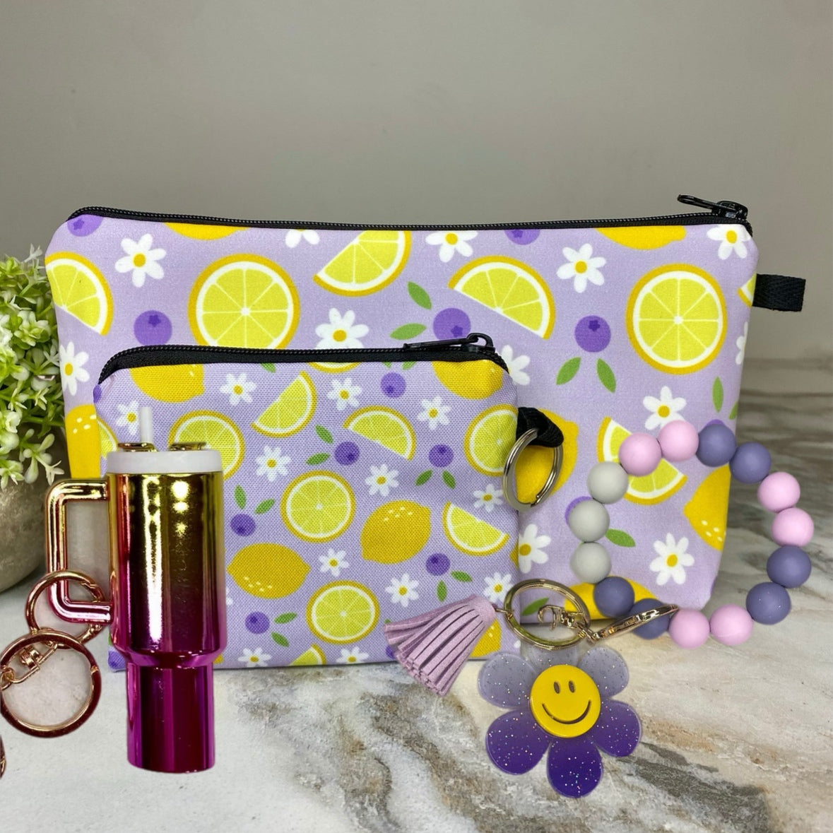 Pouch, Mini Pouch, Lip Balm Tumbler & Silicone Daisy Keychain - Blueberry Lemon