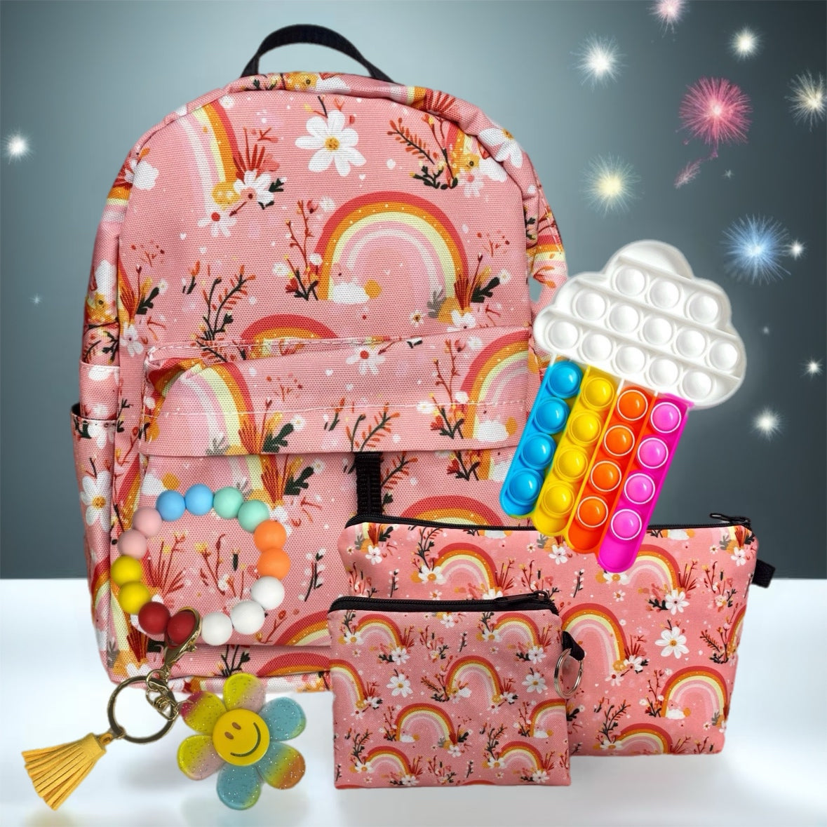 Mini Backpack - Bundled Set - Rainbow Floral Yellow Orange Pink