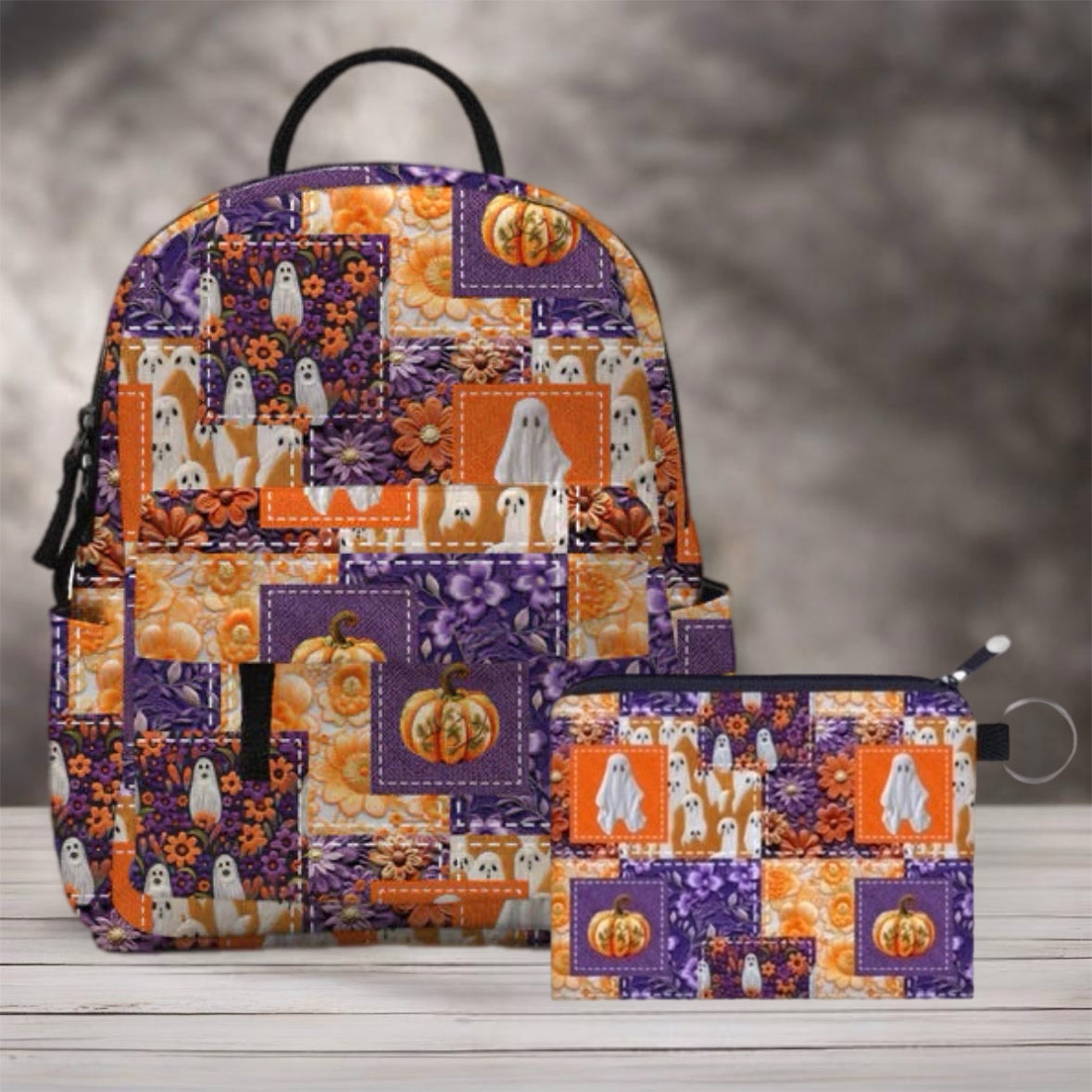 Mini Backpack & Coin Purse Set - Halloween Ghost Pumpkin Patchwork
