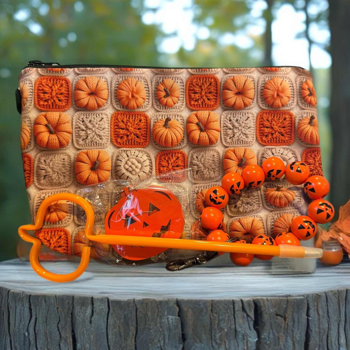 Crochet Pumpkin Pouch, Wristlet, Earrings & Pen Set