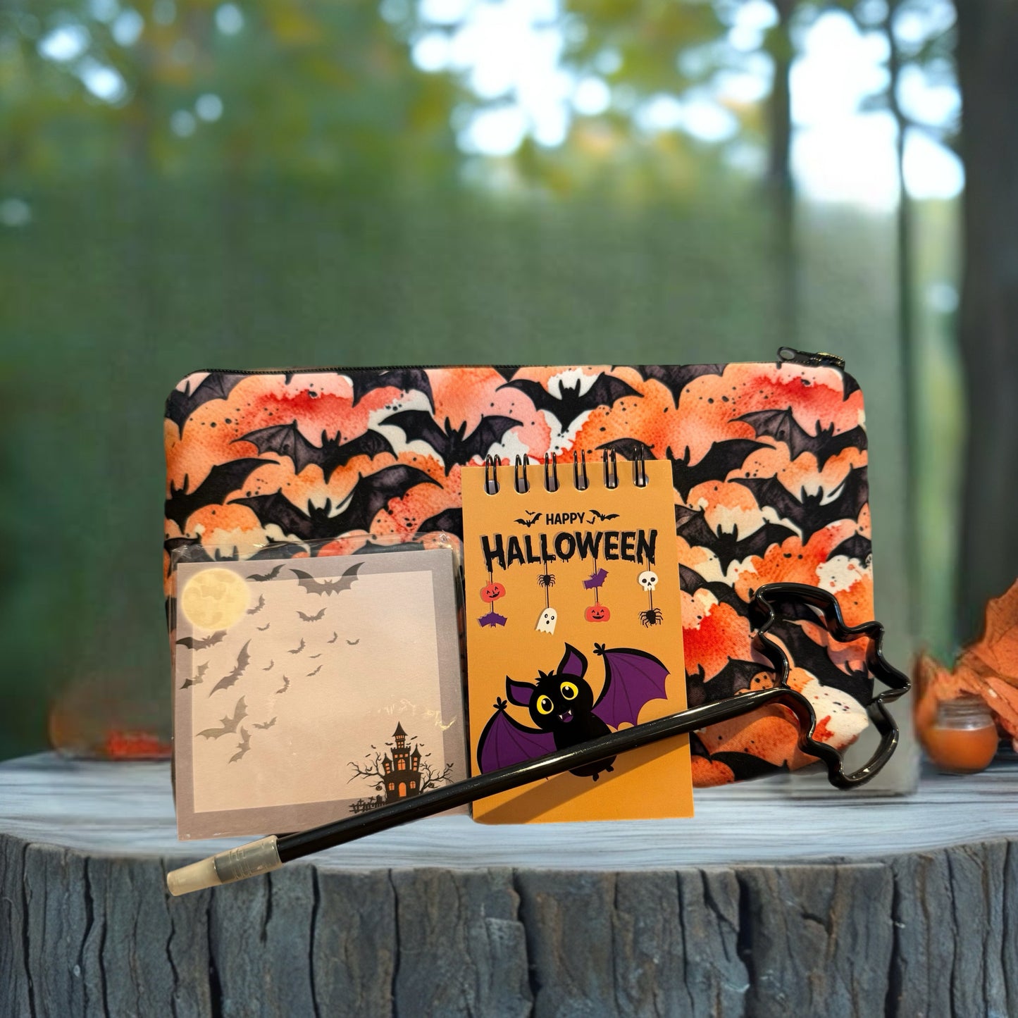 Halloween Bat Pouch, Note Pad, Sticky Note & Pen Set