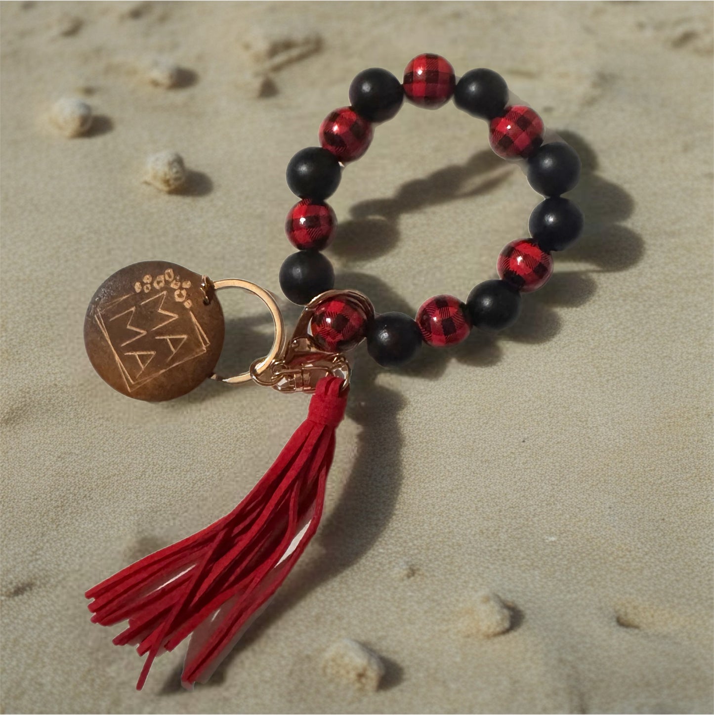 Wood Bracelet Keychain - Mama Red Plaid