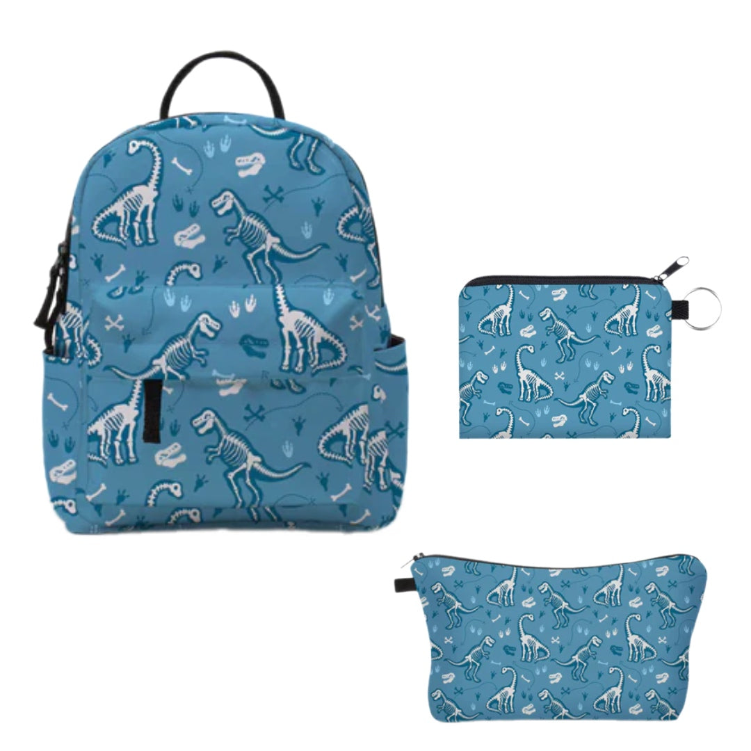 Mini Backpack, Pouch & Coin Purse Set - Dino Skeleton Blue
