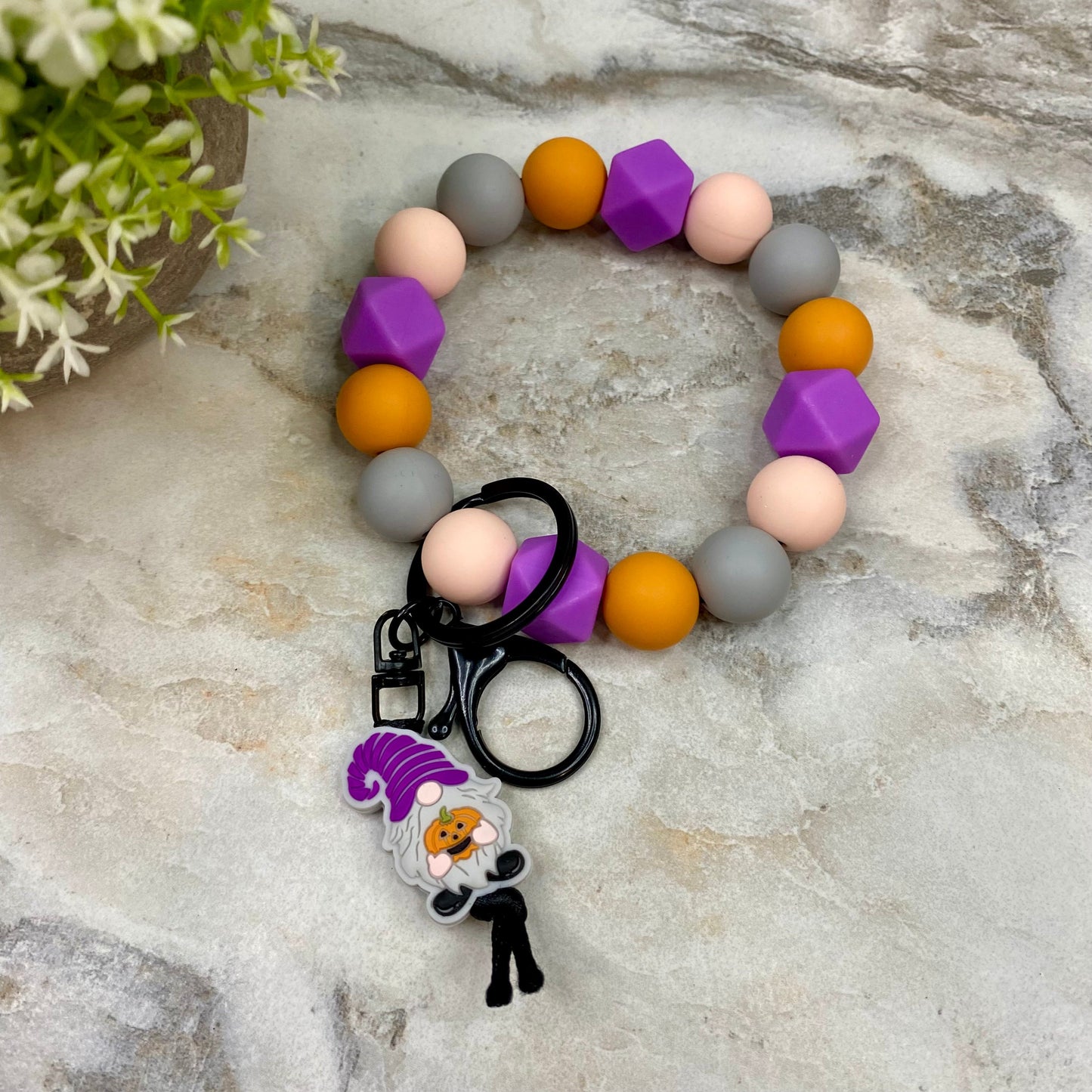 Silicone Bracelet Keychain - Halloween - Gnome Pumpkin Purple Orange