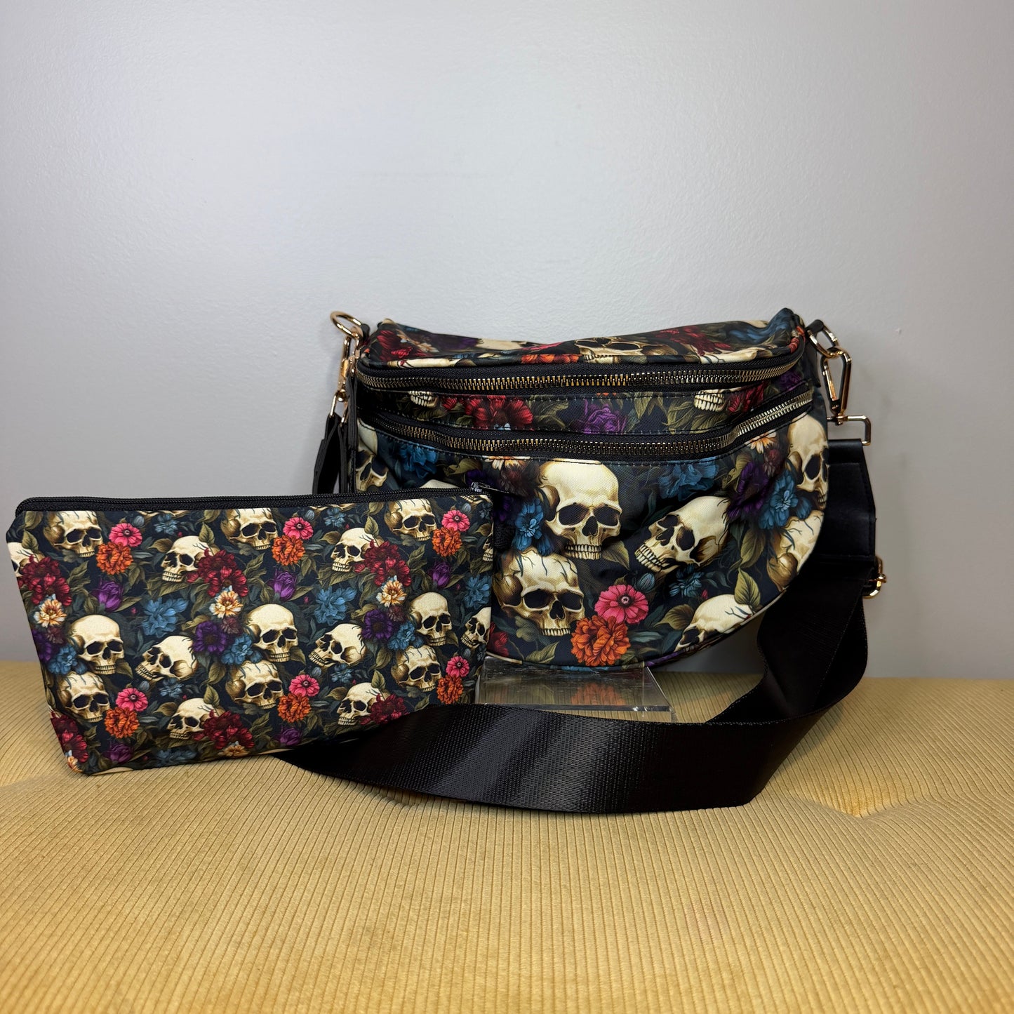 Bundled Set - Roni & Pouch - Halloween Fall Floral Skull Purple Blue Maroon