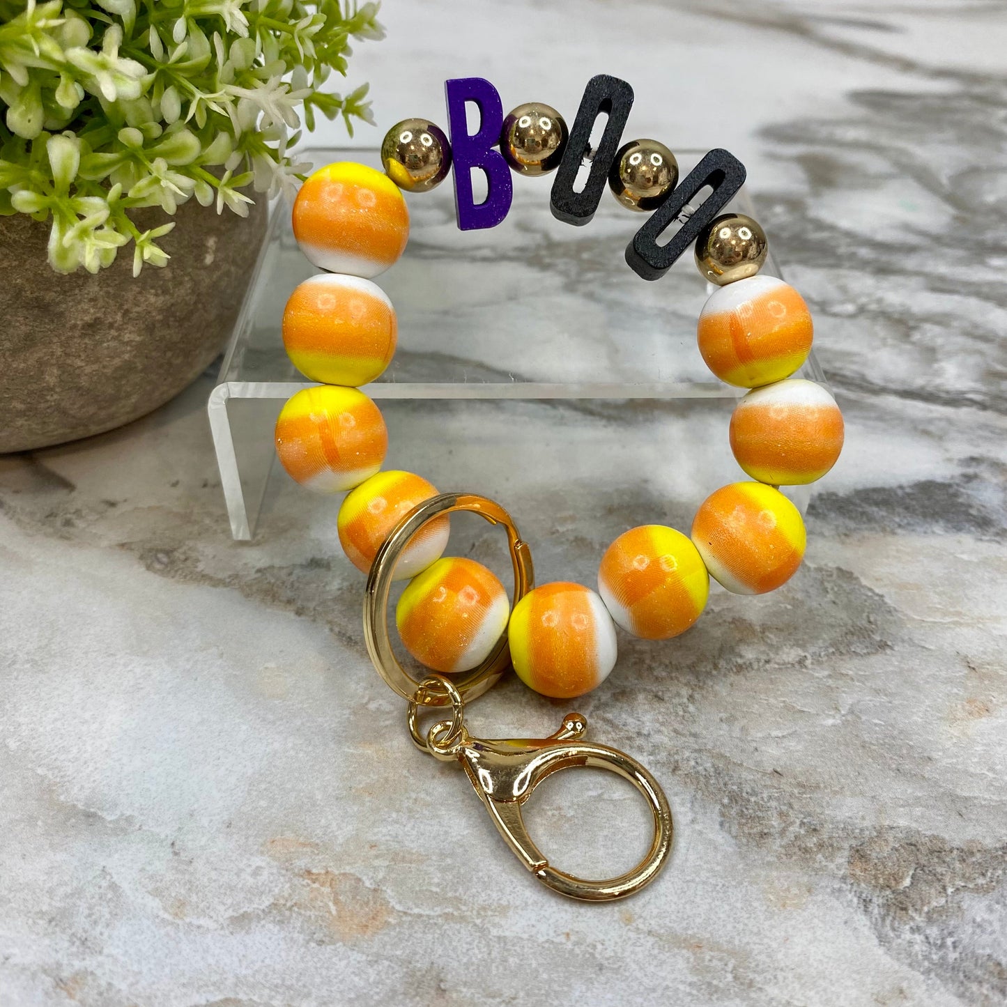 Wood Bracelet Keychain - Halloween - Boo Candy Corn