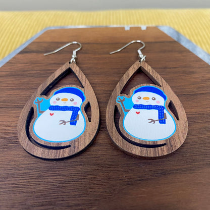 Wooden Teardrop Cutout Earrings - Winter - Snowman