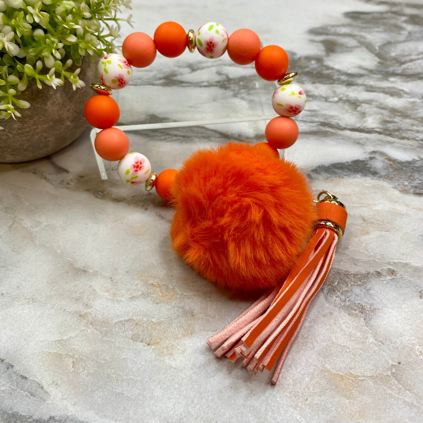 Silicone Bracelet Keychain - Tassel & Pom Pom- Orange & Floral