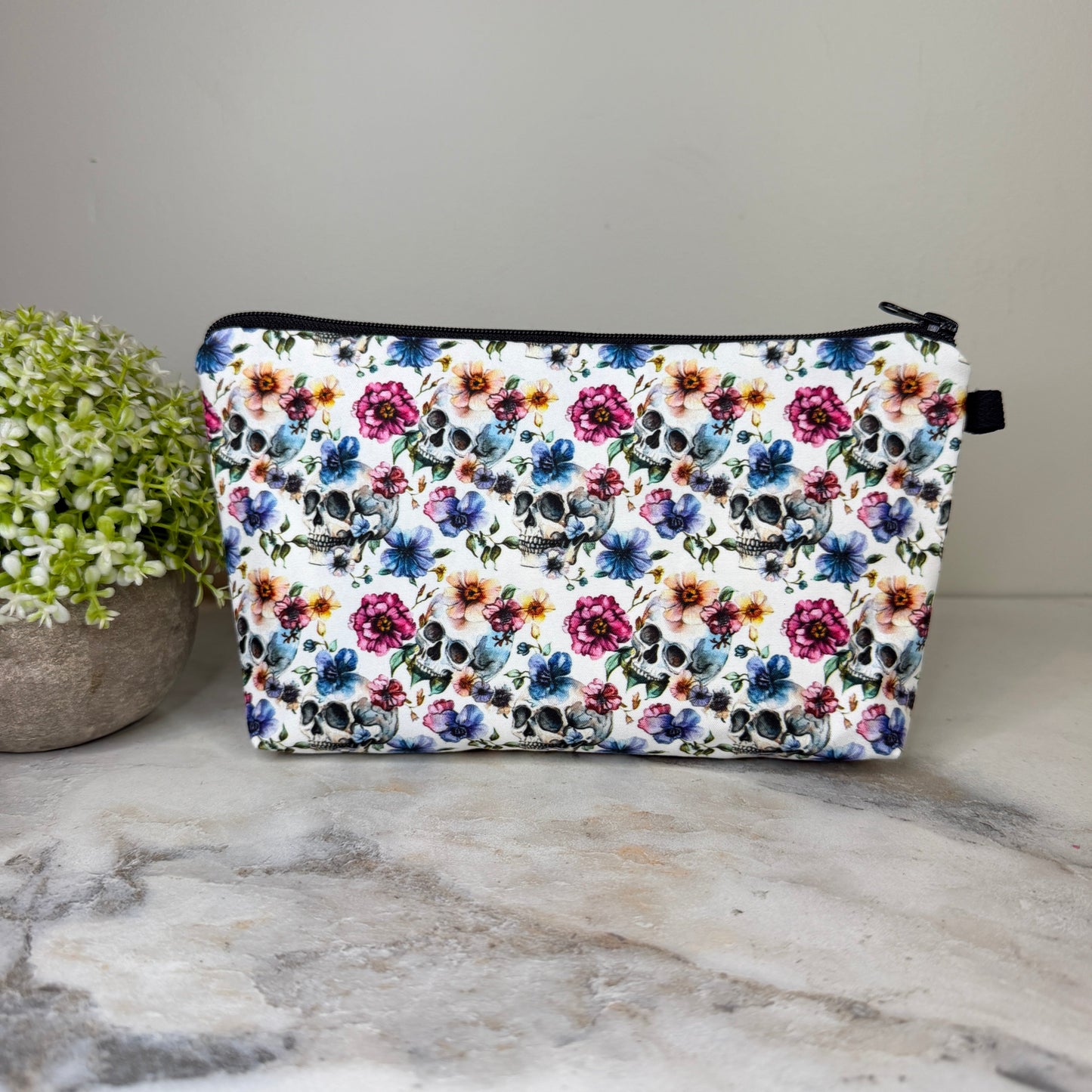 Pouch - Halloween Fall - Floral Skull on White