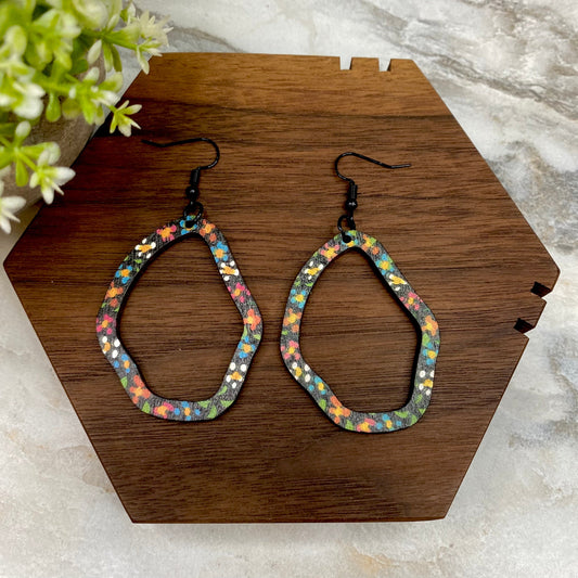 Wooden Teardrop Cutout Earrings - Black Floral