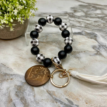 Wooden Bead Bracelet Keychain - Mama - Black & White Plaid