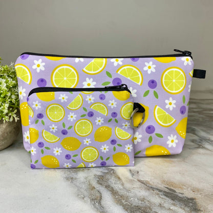 Pouch, Mini Pouch, Lip Balm Tumbler & Silicone Daisy Keychain - Blueberry Lemon