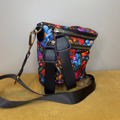 The Roni Nylon Crossbody - Floral Bright Red Blue on Black