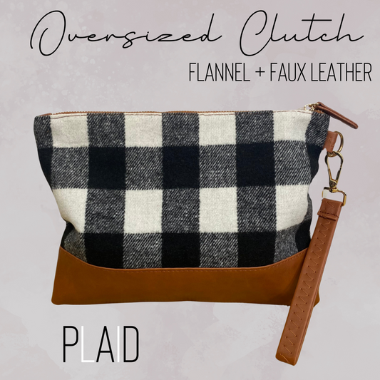 Clutch - Oversized Canvas & Faux Leather - Plaid