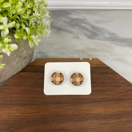 Wooden Stud Earrings - Round Plaid