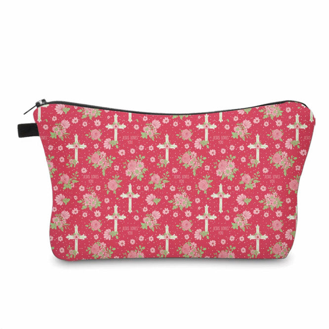 Pouch - Religious Pink Floral Cross