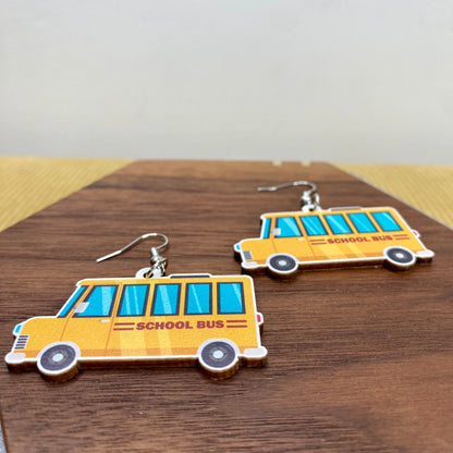 Wooden Dangle Earrings - Teacher - Bus