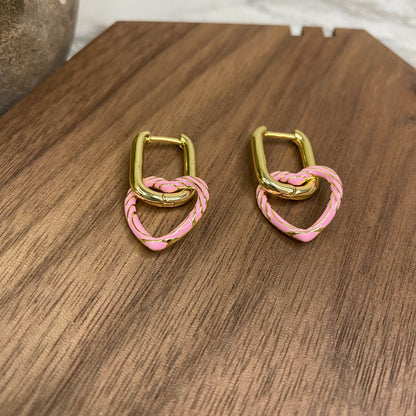 Metal Dangle Earrings - Heart Link - Light Pink