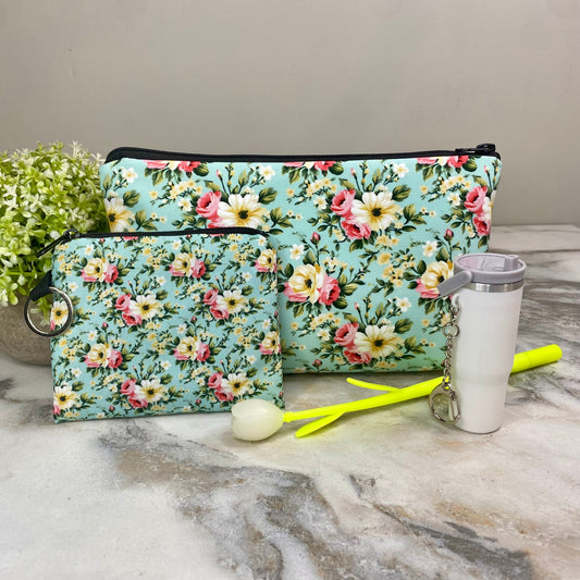 Pouch, Mini Pouch, Pen, & Tumbler Keychain Bundled Set - Floral Pink Yellow on Mint