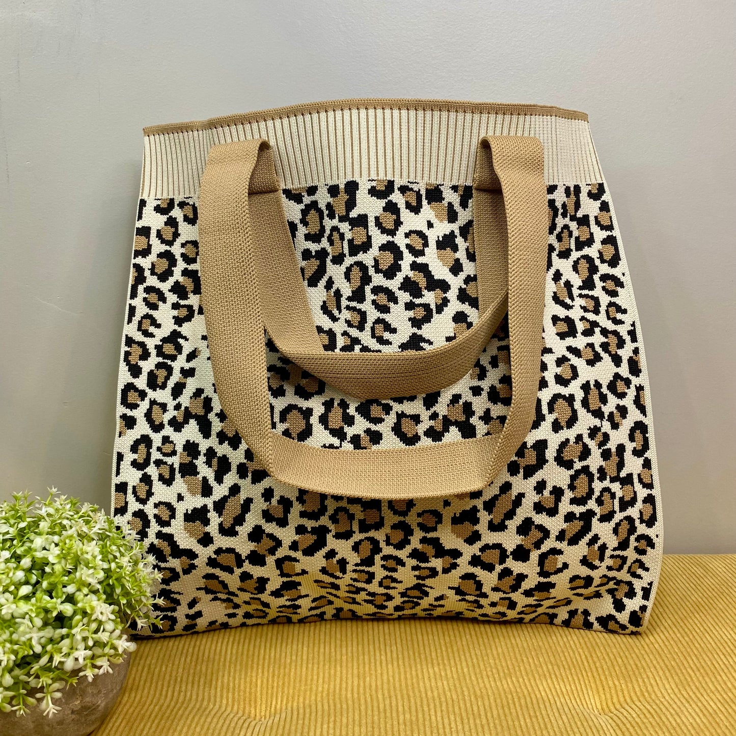 Tote Sweater Bag - Animal Print - Tan