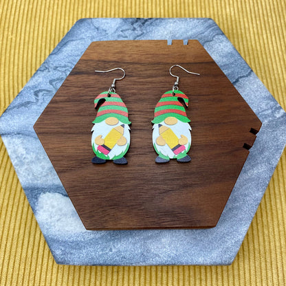 Wooden Dangle Earrings - Teacher Gnome Pencil