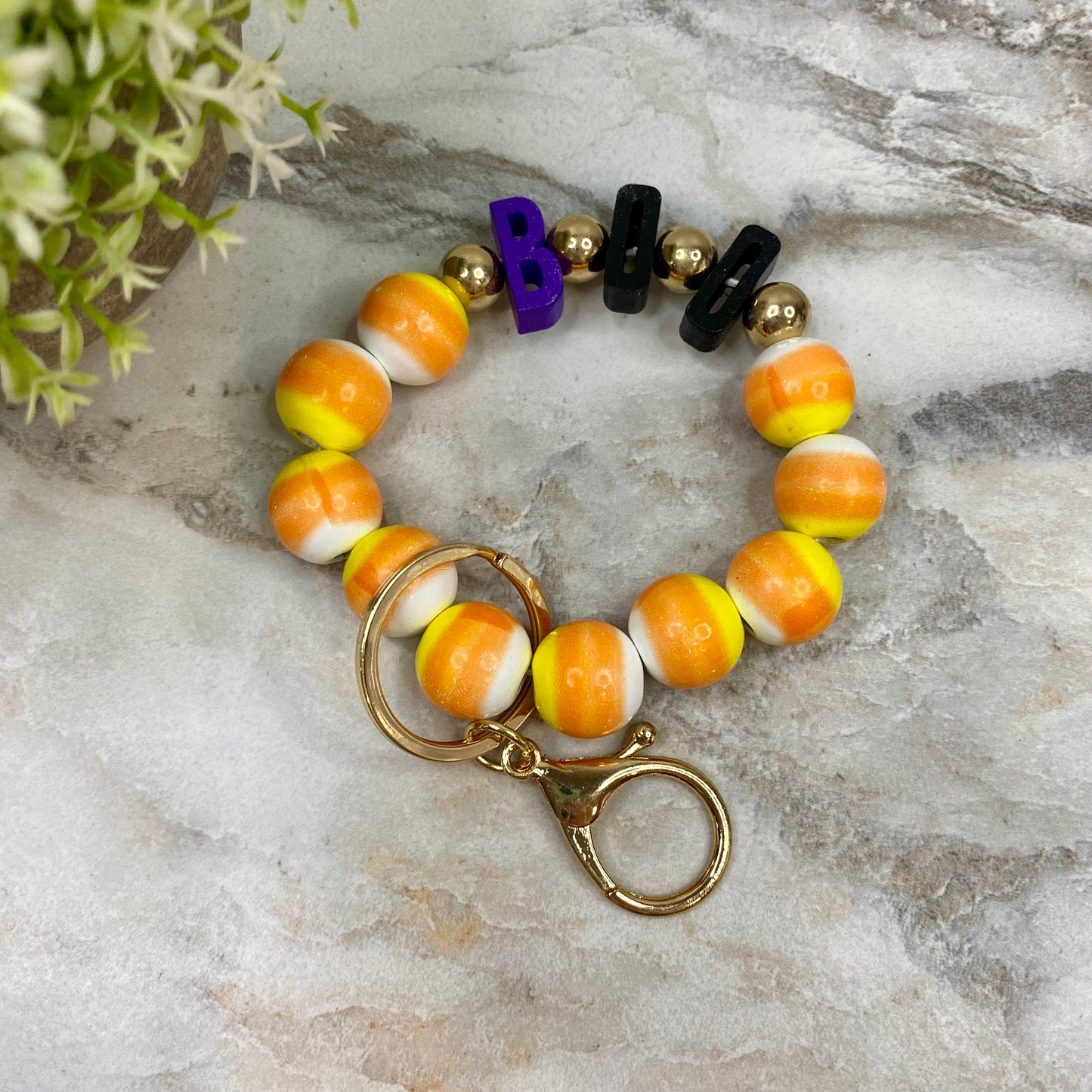 Wood Bracelet Keychain - Halloween - Boo Candy Corn